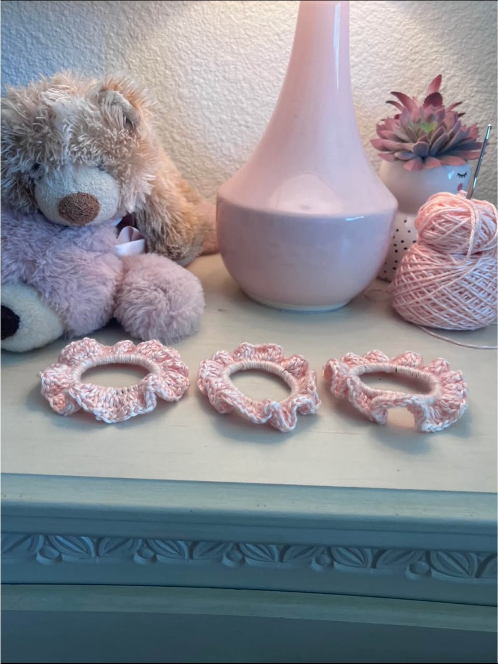 Handmade Pink Crochet Ruffle scrunchie Hair Ties - Pack of 3